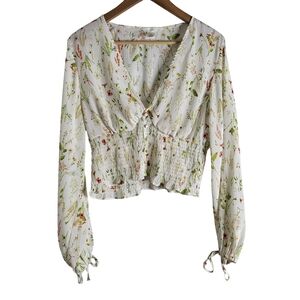 H&M White Floral Smocked Blouse